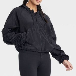 Black hooded ruched sleeve zip up front
